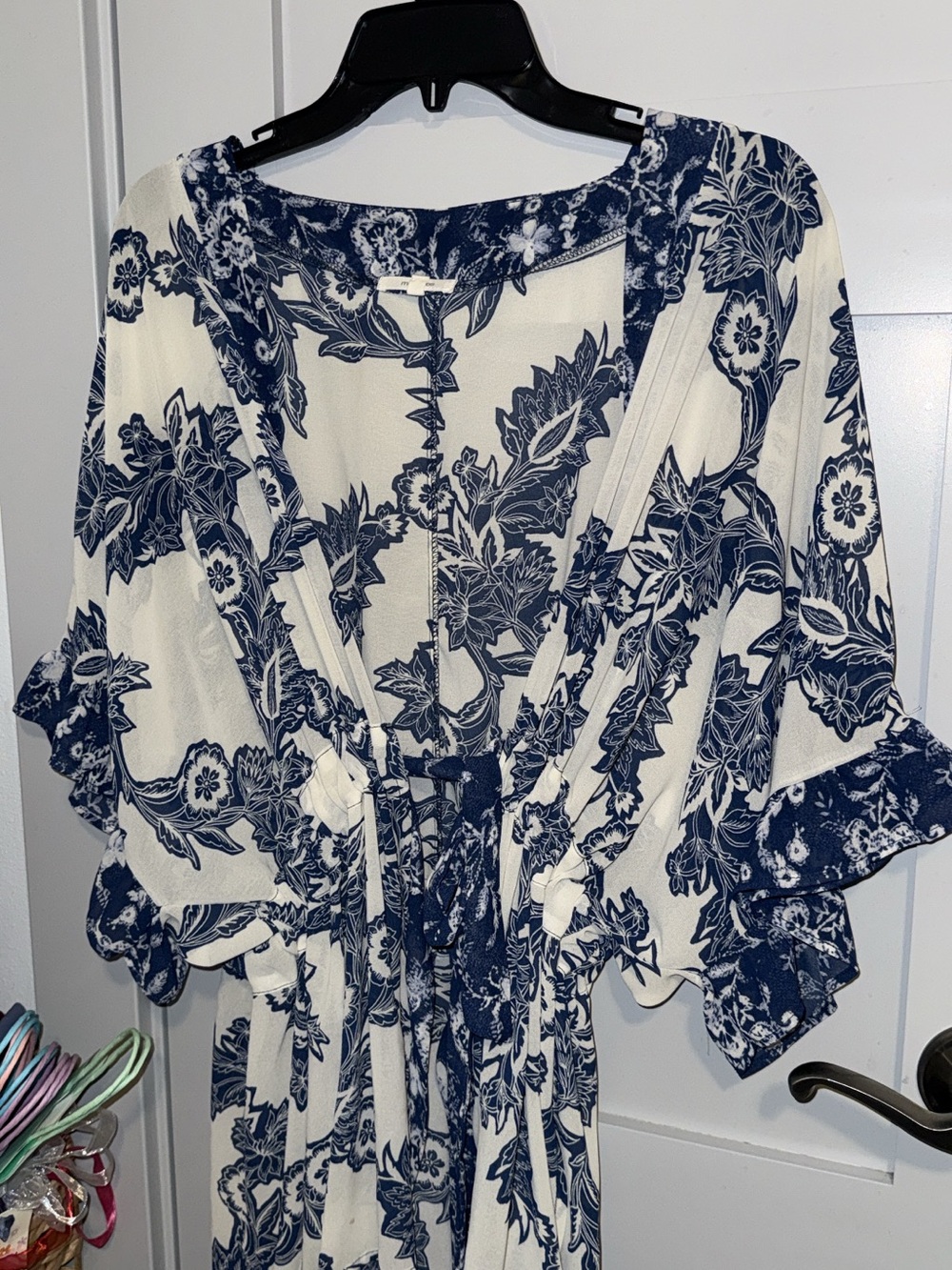 Maurices White & Navy Floral Tie-Waist cardigan